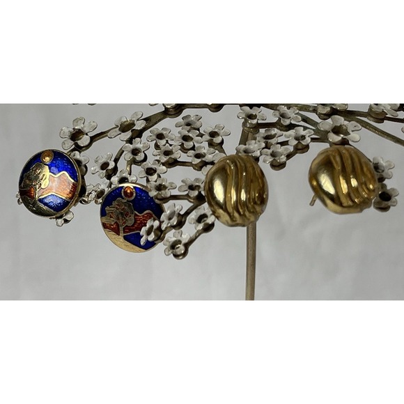 The Unbranded Brand Jewelry - Vtg Cloisonné  Enamel Landscape Earrings 5/8" Round Gold Blue Brown FREE Pair